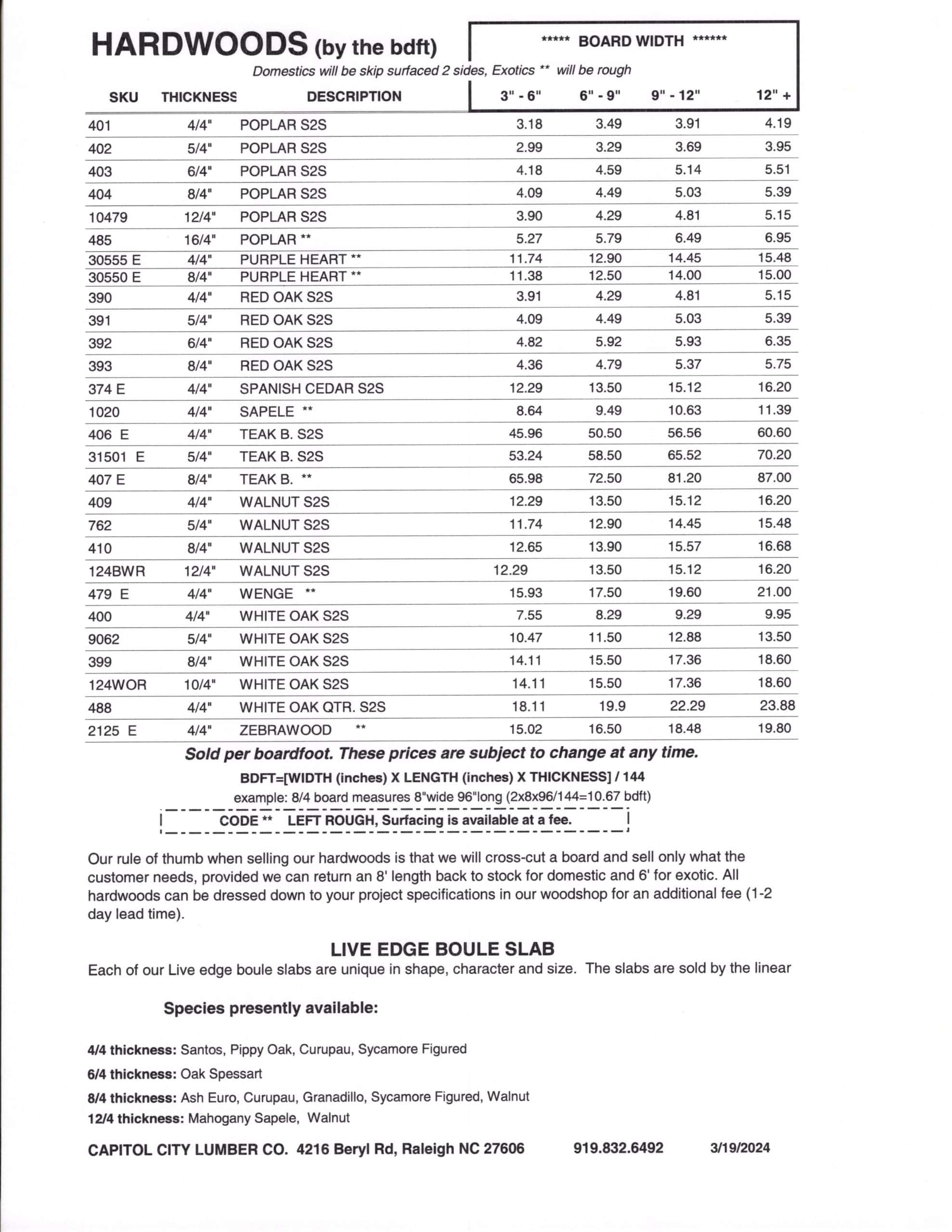 HARDWOODS S2S Price Sheet Capitol City Lumber
