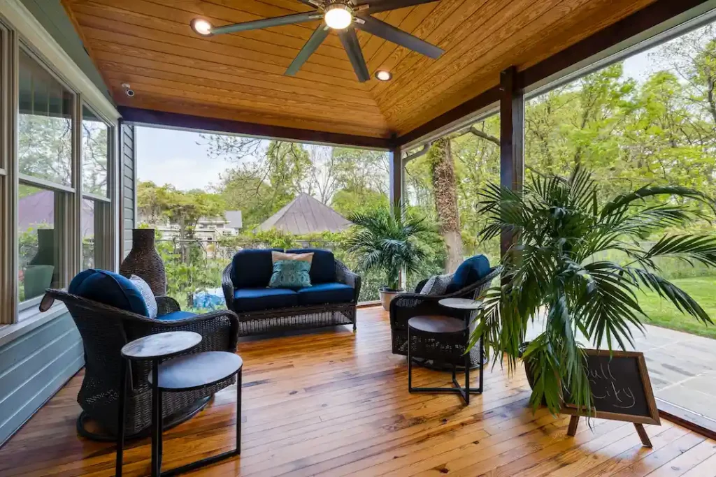 Picture of an outdoor patio and wooden decking for the article about how to seal a deck.